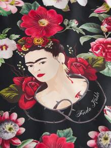 Frida Kahlo X SHEIN Flower And Surrealism Self Portrait Print Sexy Contrast Lace V-Neck Nightgown - Black - View 6
