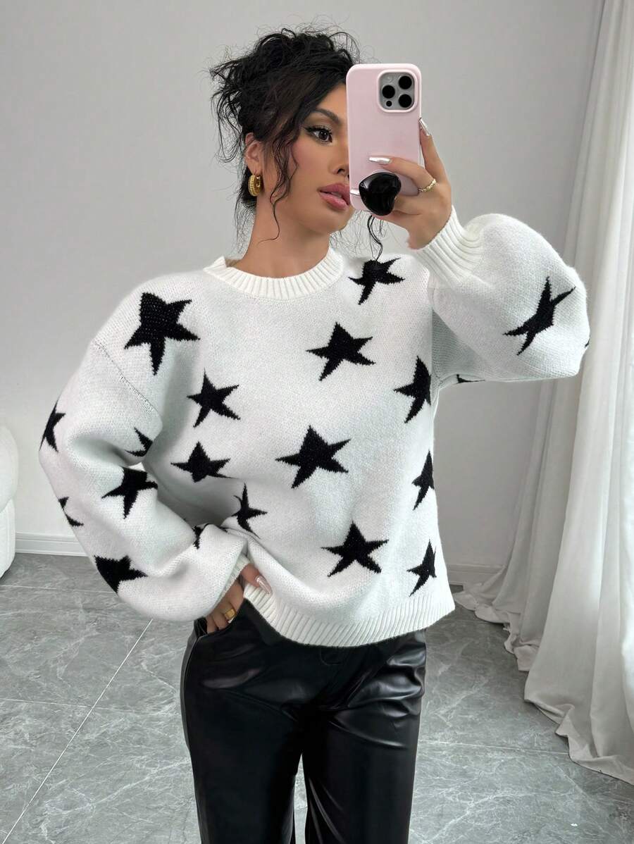 Chiquease Star Jacquard Knitted Pullover Sweater  Fall Winter Outfit - Black and White - View 1