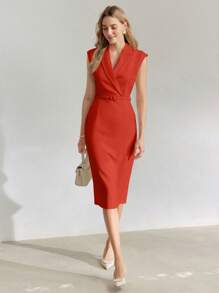 MOTF PREMIUM SOLID LAPEL COLLAR BUCKLE BELTED MIDI DRESS FOR NEW YEAR CLOTHES - Red - View 5