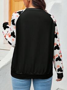 SHEIN LUNE 大码拼接圆领长袖简约卫衣，休闲日常穿着，适合感恩节假期 - 黑色 - 查看 2