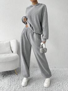 Muchica 2 piezas Conjunto de chándal holgado y casual de felpa para mujer, gris - Gris - Ver 5