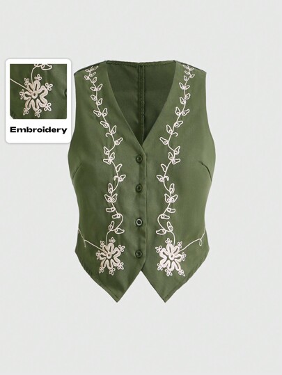 Hippie Chaleco De Chaqueta Con Patrón De Flores Y Vides De Estilo Campestre Verde Para Mujer