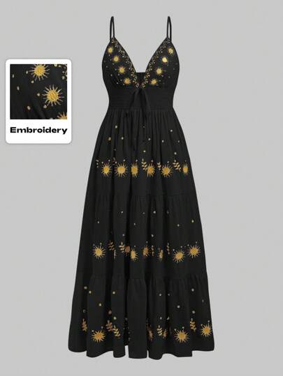 Fairycore Mysteriöses Stern- & Mond-Stickerei Retro Strandurlaubs-Stil schmalsitzend A-Linien Trägerkleid in Große Größen für den Sommer