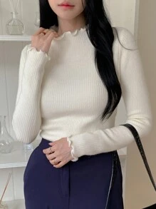 DAZY Áo len dài tay cổ cao bo gấu màu trơn lót nhiệt cho nữ, thời trang thu/đông - trắng - Xem 3