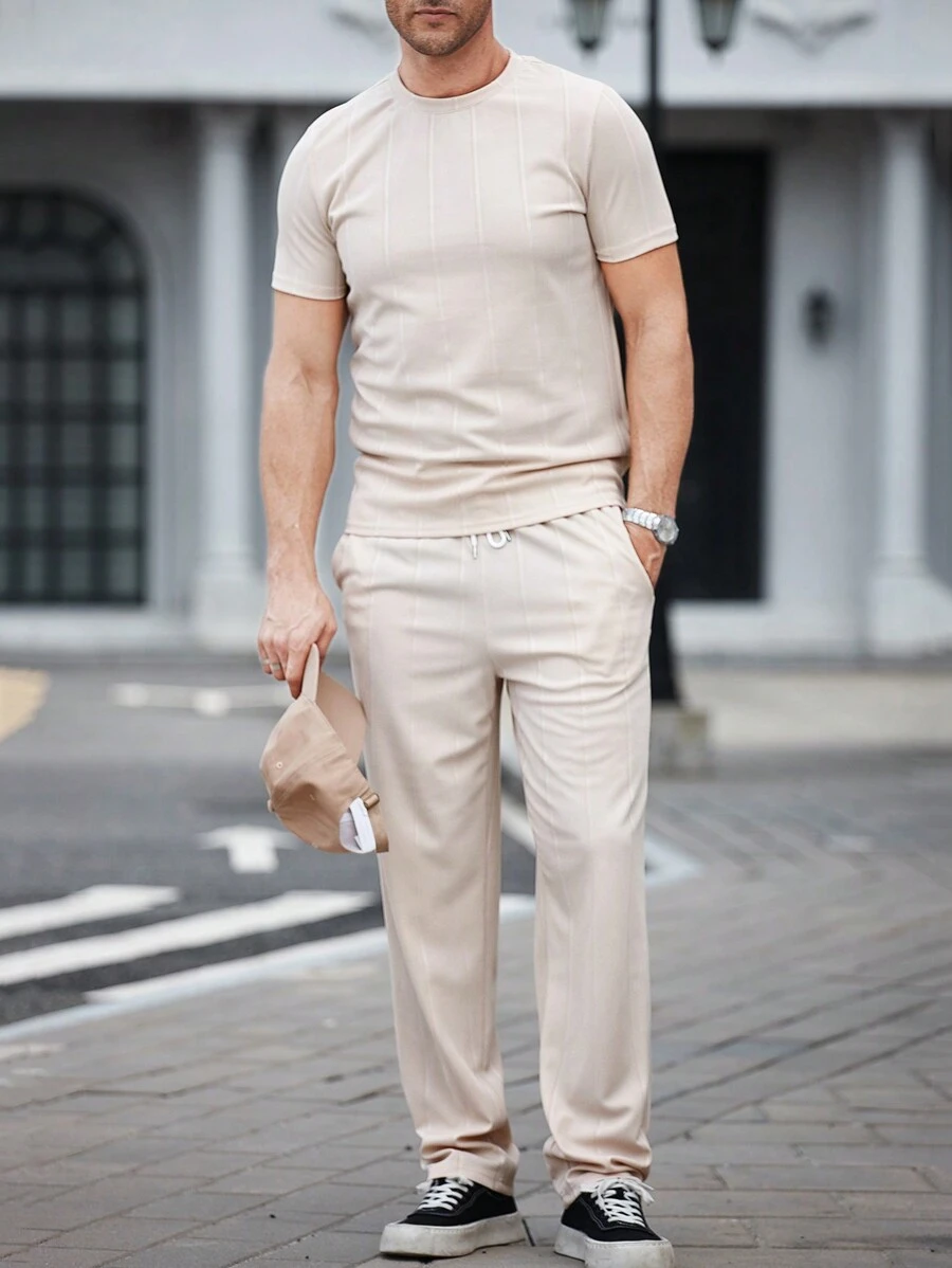 Manfinity Homme 2pcs Men's Solid Color Crew Neck Short Sleeve T-Shirt And Drawstring Waist Casual Shorts Set, Summer - Khaki - View 1