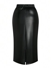 SHEIN Clasi 加大码纯色PU皮革褶皱开衩半身裙，适合冬季穿着，女士长裙 - 黑色 - 查看 2