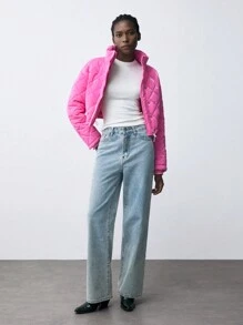 Maija 女士冬季时尚纯色菱形绗缝立领短款棉服外套 - 粉色 - 查看 3