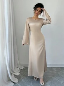 Rafferiza 性感腰部收紧圆领长袖修身连衣裙长款缎面女式服装 - 杏色 - 查看 5