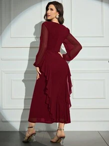 Modelyn Burgundy Red Women's Solid Color V-Neck Long Sleeve Front Button Minimalist Ruffle Trim Dress
