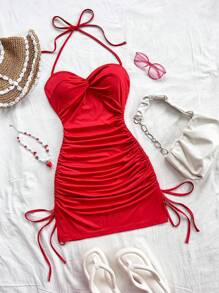 Soleia Sexy Spaghetti Strap Tie Front Twist Drawstring Mini Dress - Red - View 3