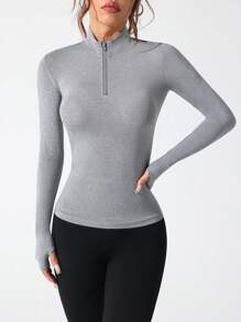 Gameset SHEIN Sport 女士纯色长袖拉链半襟柔软透气拉链运动衫 - 灰色 - 查看 6