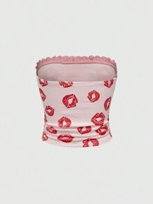 Betty Boop | ROMWE 女式卡通人物与唇印拼接蕾丝蝴蝶结细节褶皱修身抹胸，夏季 - 粉色 - 查看 2