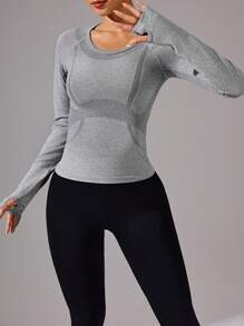 Easithlete 女士圆领插肩袖无缝/拇指孔运动长袖 T 恤 - 灰色 - 查看 6