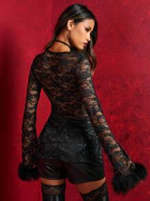 SHEIN SXY Lace Sheer Front Tie Up Flared Hem Fitted Blouse For Sexy Women Outfits Elegant Leisure Fall Clothes - Black - View 2