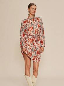 Chiquease Women's Floral Print Keyhole Neckline Long Sleeve Elegant Short Dress For Vacation - Red - View 6