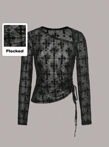 ROMWE Goth Drawstring Side Mesh Top - Black - View 1
