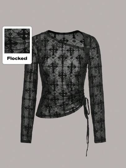 Goth Drawstring Side Mesh Top