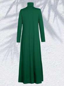 High Collar Long Sleeve Casual Loose Plain Color Dress Elegant Spring - Dark Green - View 3