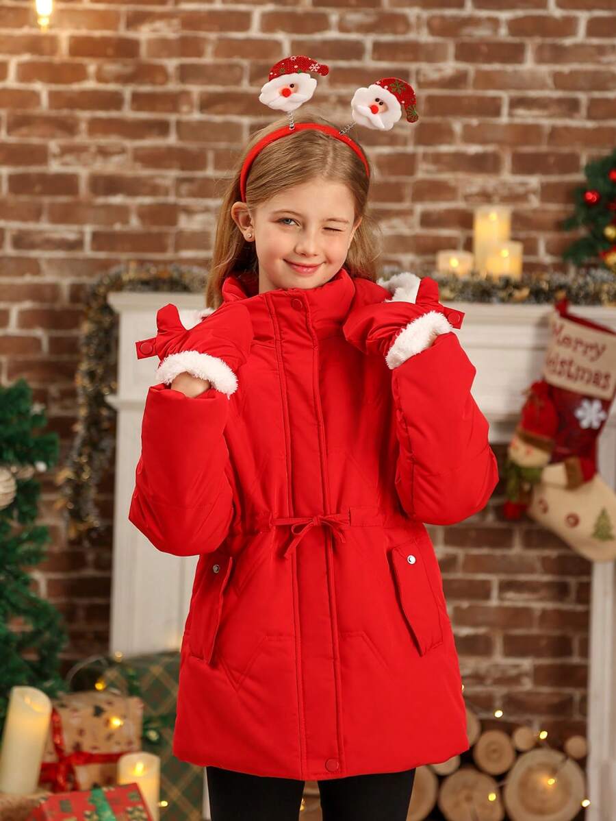 Tween Girl Extra Warm Padded Mid-Length Padded Coat With Fluffy Hooded Trim & Detachable Insulated Mittens, Fashionable & Cute For Winter, For Christmas - Red - View 1