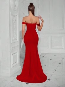 ADYCE Vestido de noche con hombros descubiertos, fruncido delantero, abertura y espalda descubierta, apto para fiesta formal, vestido de boda de invitado - Rojo - Ver 2