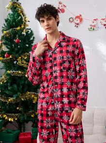 Men's Plaid Print Button-Up Long Sleeve Top And Pants Sleepwear Set - Black - View 5