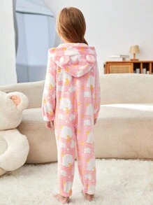 SHEIN Young Girls' Cloud & Star/Moon Pattern Long Sleeve Hooded Fuzzy Jumpsuit With Zipper Front, Comfortable For Fall/Winter