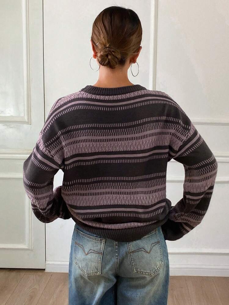 Women's Colorblock Striped Round Neck Long Sleeve Casual Loose Sweater,Long Sleeve Tops,Fall Women Clothes