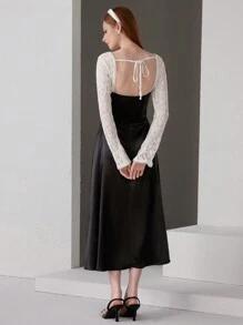 SHEIN Belle 女式撞色蕾丝拼布舞会礼服 - 黑與白 - 查看 2