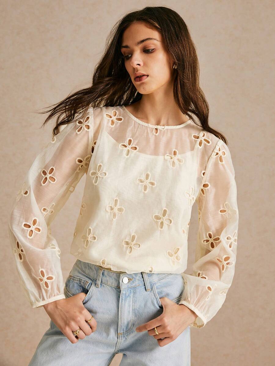 Poéselle Women's Resort Floral Embroidered Loose Fit Crew Neck Long