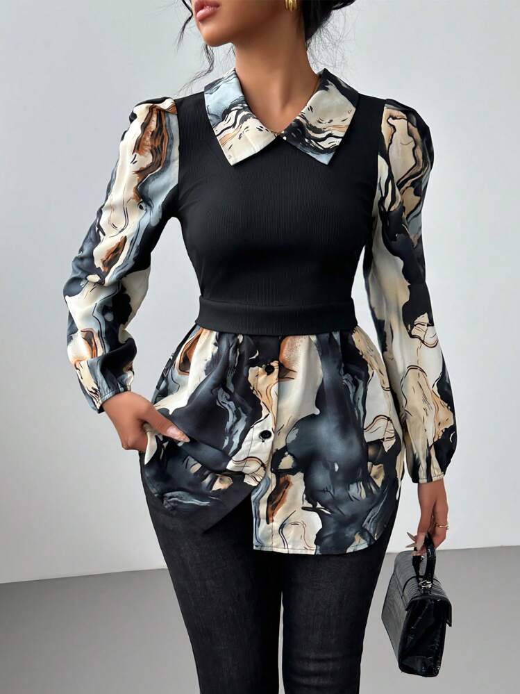 Top a 2 in 1 a costine in maglia con stampa marmorizzata e blocchi di colore - Multicolore - Visualizzare 2