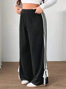 SHEIN EZwear Spodnie damskie Plus Size z elastycznym pasem i bocznymi paskami, luźne, swobodne, czarne