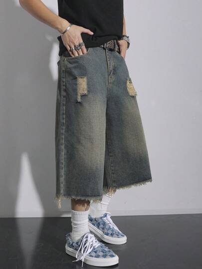 Manfinity EMRG Men's Summer Casual Distressed Frayed Hem Denim Shorts Jorts