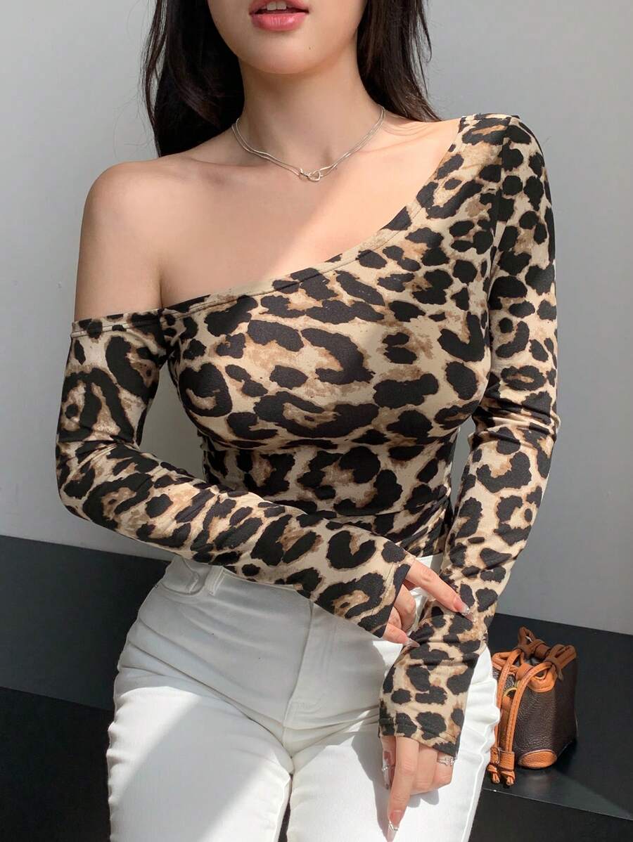 Dazy Star Women's Leopard Print Long Sleeve Asymmetrical Shoulder Fitted T-Shirt - Multicolor - View 1