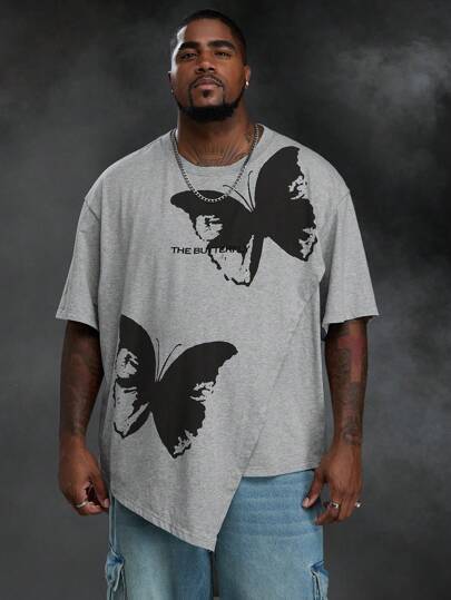 Manfinity VCAY Camiseta de manga corta de punto con estampado de mariposa talla grande para hombre