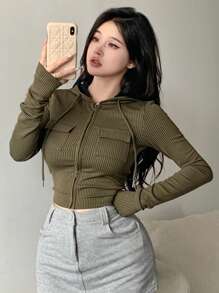DAZY Spring & Autumn Casual Striped Hooded T-Shirt With Flap Pockets Long Sleeve Women Tops,Fall Women Clothes - Green - View 6