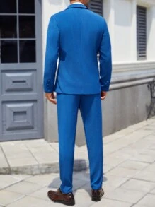 Manfinity Mode 2 件套男士纯色单排扣长袖西装外套和裤子套装，男士纯色简约日常长袖西装套装，蓝色西装套装 - 藍色 - 查看 2