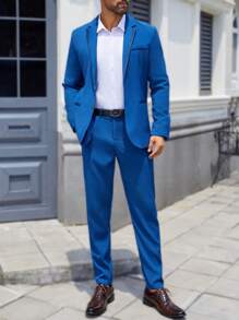 Manfinity Mode 2 件套男士纯色单排扣长袖西装外套和裤子套装，男士纯色简约日常长袖西装套装，蓝色西装套装 - 藍色 - 查看 5