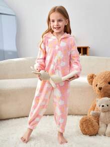 SHEIN Young Girls' Cloud & Star/Moon Pattern Long Sleeve Hooded Fuzzy Jumpsuit With Zipper Front, Comfortable For Fall/Winter