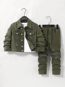 SHEIN Explorewe 2pcs Young Boy Casual Green Washed Denim Jacket Jeans Set, For Everyday & Back To School Wear Chic Outfits For Autumn/Winter - Army Green - View 9