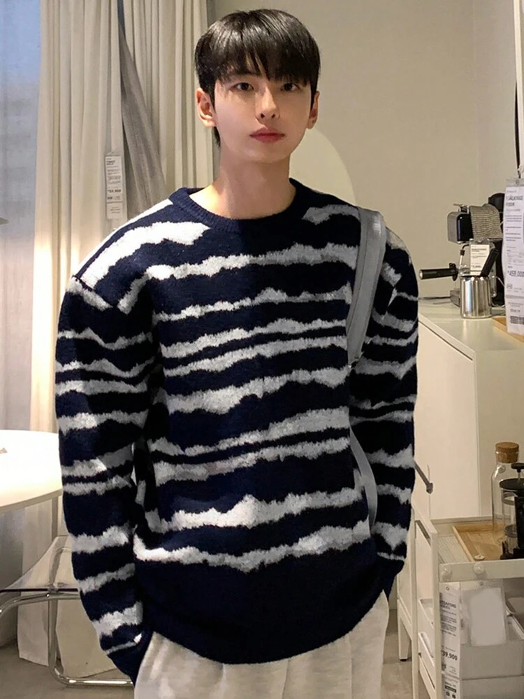 Men's Crew Neck Long Sleeve Striped Sweater, Casual Autumn