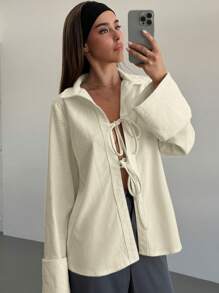 Aloruh 4-Season Lace-Up Lapel Textured Pattern Elegant Commuter Jacket, New Arrival