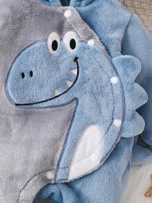 SHEIN 婴儿男孩灰蓝色可爱恐龙刺绣羊毛长袖连帽连体衣 - 彩色 - 查看 6