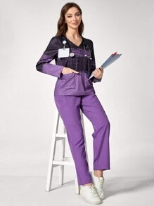 TaskEZ Women V-Neck Tie-Dye Long Sleeve Pocket Top And Pants Uniform Scrub Set