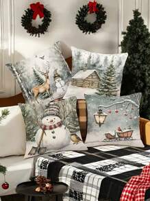 Winter Holiday Themed Throw Pillow Covers Set Of 4, Polyester, Hand Wash, Zippered, Snowman & Deer Print, Contemporary Style For Living Room Decor - Green Toned, Soft & Comfortable Woven Fabric - Multicolor - View 2