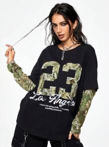 ROMWE Grunge Punk Casual & Oversized Dry Branch & Letter Print T-Shirt For Women, Sports Style