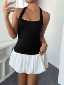 INAWLY 女式休闲拼色迷你露背黑白连衣裙，夏季 - 黑與白 - 查看 3