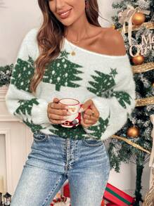 Chiquease Women's Christmas Tree Print Asymmetrical Neck Long Sleeve Pullover Sweater Knit Pullover Fall Winter Outfit - Multicolor - View 5