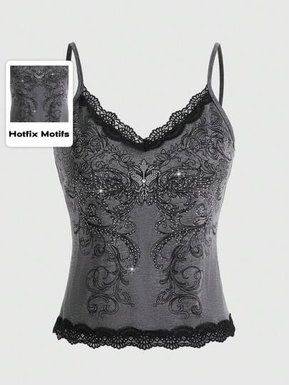 Grunge Punk Camiseta de tirantes con encaje y diseño de bloques de color con detalles de diamantes para mujer talla grande, apta para escuela en verano