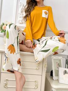 印花口袋长袖上衣和印花长裤睡衣套装，秋冬舒适优雅细节 - 黃色 - 查看 7