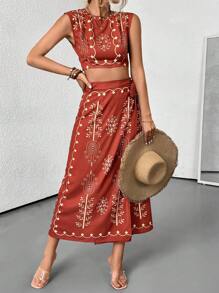 Breezaya 休闲复古印花系带露背短款上衣和裹身裙两件套 - 鏽棕色 - 查看 3